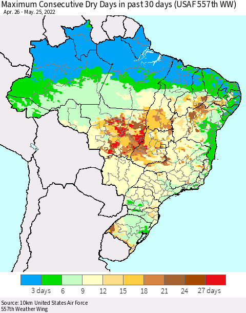 Brazil Maximum Consecutive Dry Days in past 30 days (USAF 557th WW) 05/25/2022 Thematic Map For 5/21/2022 - 5/25/2022