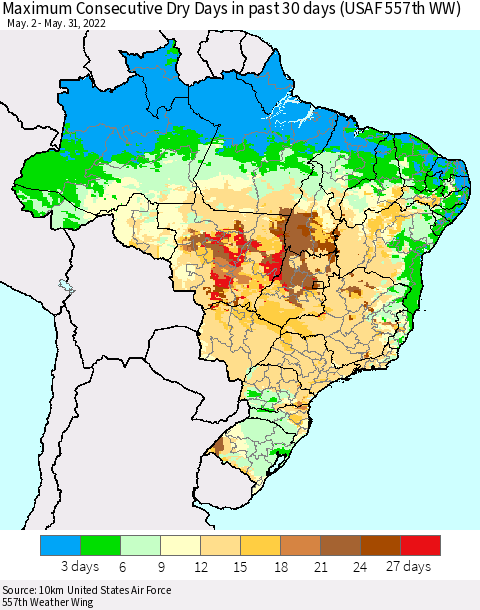Brazil Maximum Consecutive Dry Days in past 30 days (USAF 557th WW) 05/31/2022 Thematic Map For 5/26/2022 - 5/31/2022