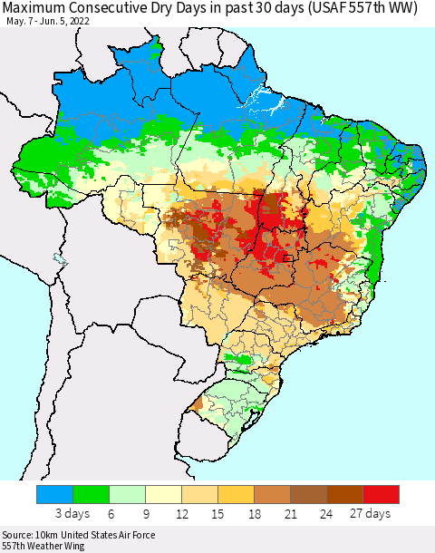 Brazil Maximum Consecutive Dry Days in past 30 days (USAF 557th WW) 06/05/2022 Thematic Map For 6/1/2022 - 6/5/2022