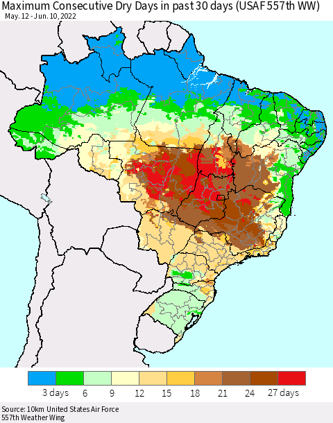 Brazil Maximum Consecutive Dry Days in past 30 days (USAF 557th WW) 06/10/2022 Thematic Map For 6/6/2022 - 6/10/2022