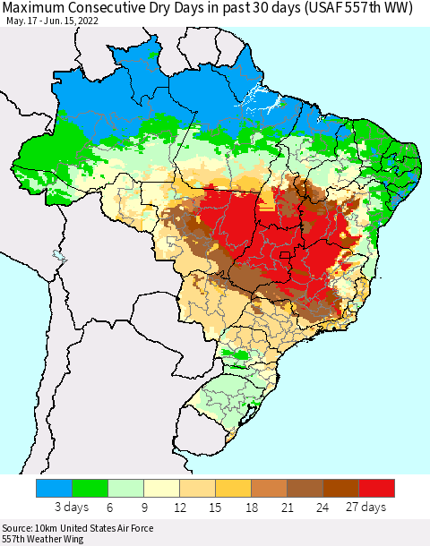 Brazil Maximum Consecutive Dry Days in past 30 days (USAF 557th WW) 06/15/2022 Thematic Map For 6/11/2022 - 6/15/2022