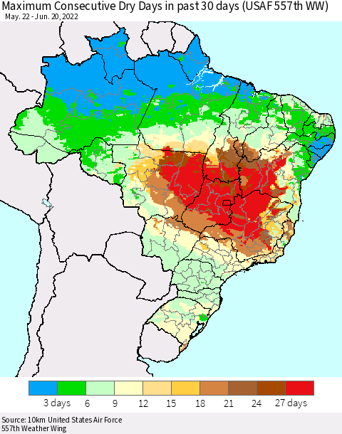 Brazil Maximum Consecutive Dry Days in past 30 days (USAF 557th WW) 06/20/2022 Thematic Map For 6/16/2022 - 6/20/2022