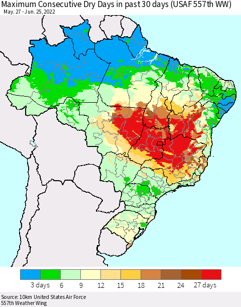 Brazil Maximum Consecutive Dry Days in past 30 days (USAF 557th WW) 06/25/2022 Thematic Map For 6/21/2022 - 6/25/2022
