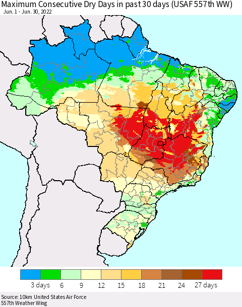 Brazil Maximum Consecutive Dry Days in past 30 days (USAF 557th WW) 06/30/2022 Thematic Map For 6/26/2022 - 6/30/2022
