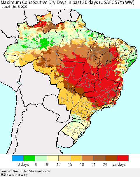Brazil Maximum Consecutive Dry Days in past 30 days (USAF 557th WW) 07/05/2022 Thematic Map For 7/1/2022 - 7/5/2022