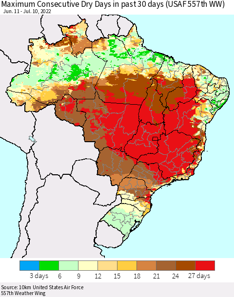 Brazil Maximum Consecutive Dry Days in past 30 days (USAF 557th WW) 07/10/2022 Thematic Map For 7/6/2022 - 7/10/2022