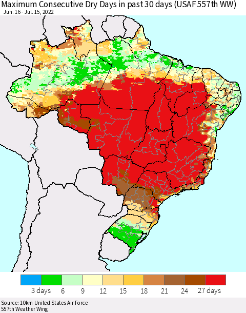 Brazil Maximum Consecutive Dry Days in past 30 days (USAF 557th WW) 07/15/2022 Thematic Map For 7/11/2022 - 7/15/2022