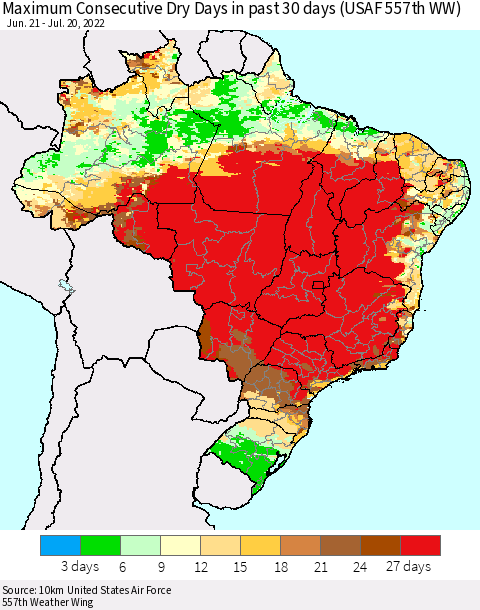 Brazil Maximum Consecutive Dry Days in past 30 days (USAF 557th WW) 07/20/2022 Thematic Map For 7/16/2022 - 7/20/2022