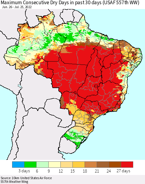 Brazil Maximum Consecutive Dry Days in past 30 days (USAF 557th WW) 07/25/2022 Thematic Map For 7/21/2022 - 7/25/2022