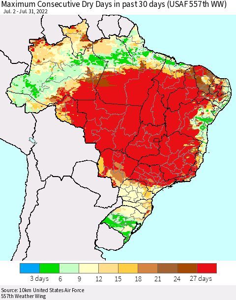 Brazil Maximum Consecutive Dry Days in past 30 days (USAF 557th WW) 07/31/2022 Thematic Map For 7/26/2022 - 7/31/2022
