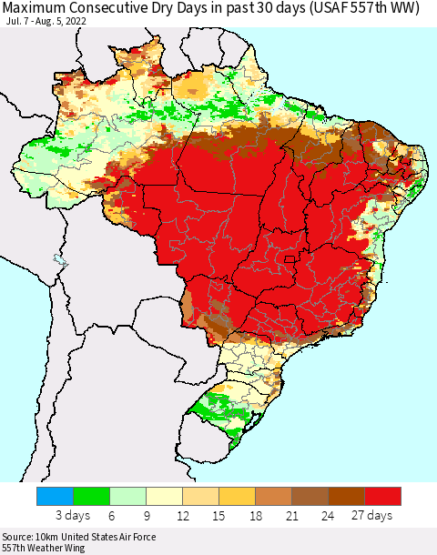 Brazil Maximum Consecutive Dry Days in past 30 days (USAF 557th WW) 08/05/2022 Thematic Map For 8/1/2022 - 8/5/2022