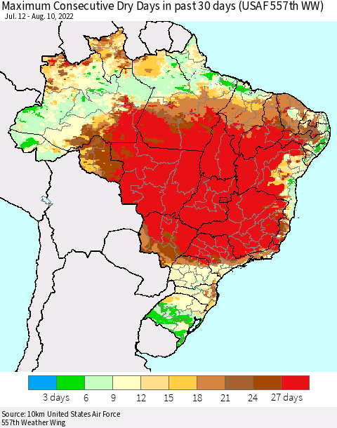 Brazil Maximum Consecutive Dry Days in past 30 days (USAF 557th WW) 08/10/2022 Thematic Map For 8/6/2022 - 8/10/2022