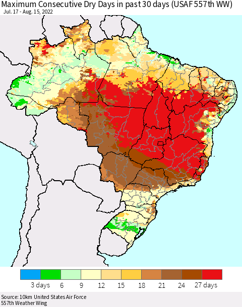 Brazil Maximum Consecutive Dry Days in past 30 days (USAF 557th WW) 08/15/2022 Thematic Map For 8/11/2022 - 8/15/2022