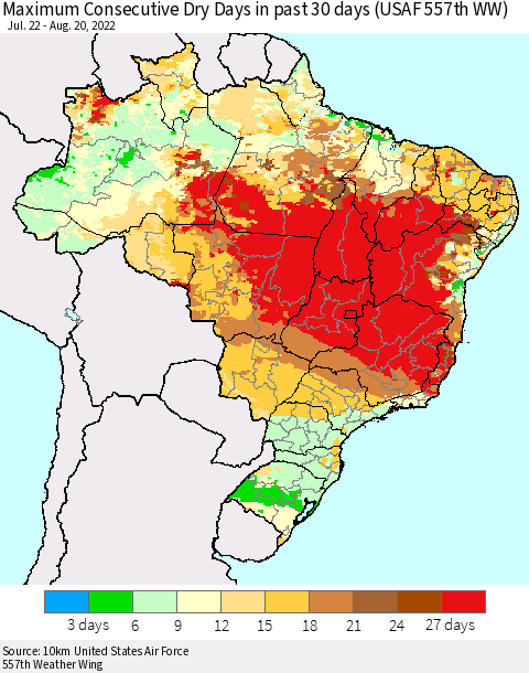 Brazil Maximum Consecutive Dry Days in past 30 days (USAF 557th WW) 08/20/2022 Thematic Map For 8/16/2022 - 8/20/2022