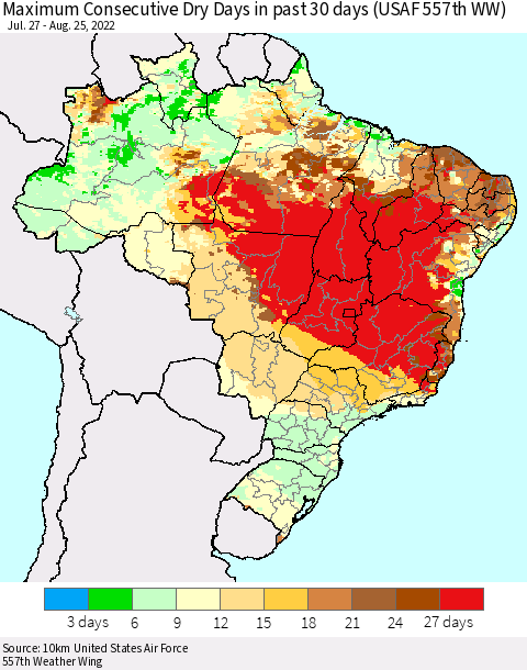 Brazil Maximum Consecutive Dry Days in past 30 days (USAF 557th WW) 08/25/2022 Thematic Map For 8/21/2022 - 8/25/2022