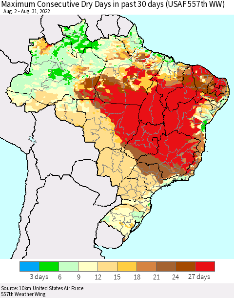 Brazil Maximum Consecutive Dry Days in past 30 days (USAF 557th WW) 08/31/2022 Thematic Map For 8/26/2022 - 8/31/2022