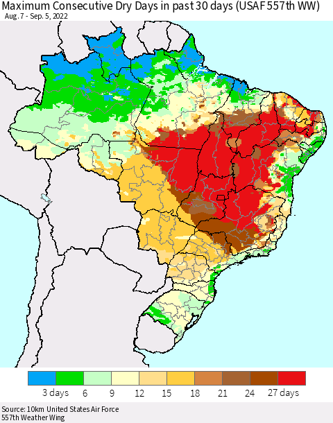 Brazil Maximum Consecutive Dry Days in past 30 days (USAF 557th WW) 09/05/2022 Thematic Map For 9/1/2022 - 9/5/2022