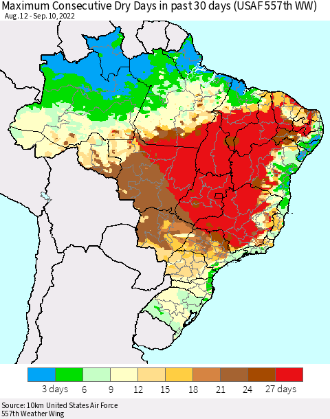 Brazil Maximum Consecutive Dry Days in past 30 days (USAF 557th WW) 09/10/2022 Thematic Map For 9/6/2022 - 9/10/2022