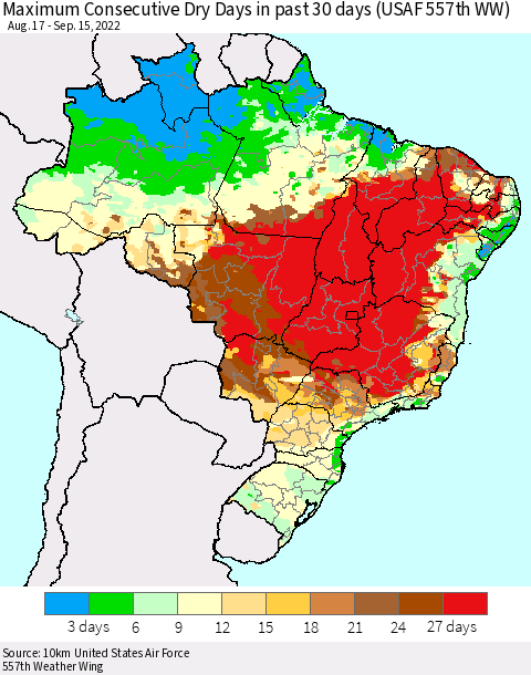Brazil Maximum Consecutive Dry Days in past 30 days (USAF 557th WW) 09/15/2022 Thematic Map For 9/11/2022 - 9/15/2022