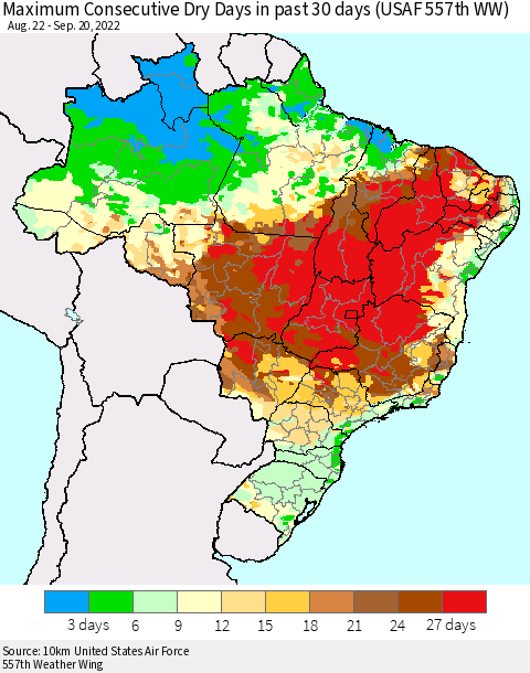 Brazil Maximum Consecutive Dry Days in past 30 days (USAF 557th WW) 09/20/2022 Thematic Map For 9/16/2022 - 9/20/2022