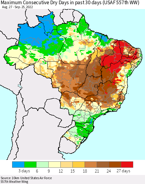 Brazil Maximum Consecutive Dry Days in past 30 days (USAF 557th WW) 09/25/2022 Thematic Map For 9/21/2022 - 9/25/2022