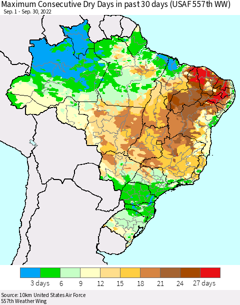 Brazil Maximum Consecutive Dry Days in past 30 days (USAF 557th WW) 09/30/2022 Thematic Map For 9/26/2022 - 9/30/2022
