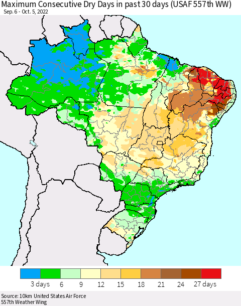 Brazil Maximum Consecutive Dry Days in past 30 days (USAF 557th WW) 10/05/2022 Thematic Map For 10/1/2022 - 10/5/2022