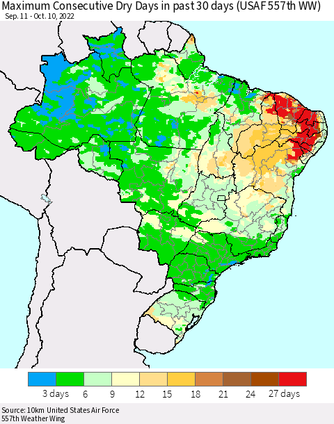 Brazil Maximum Consecutive Dry Days in past 30 days (USAF 557th WW) 10/10/2022 Thematic Map For 10/6/2022 - 10/10/2022