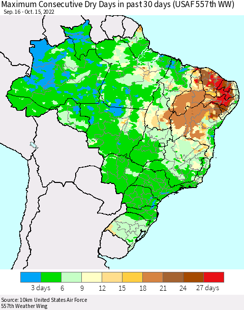 Brazil Maximum Consecutive Dry Days in past 30 days (USAF 557th WW) 10/15/2022 Thematic Map For 10/11/2022 - 10/15/2022
