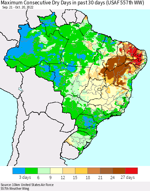 Brazil Maximum Consecutive Dry Days in past 30 days (USAF 557th WW) 10/20/2022 Thematic Map For 10/16/2022 - 10/20/2022