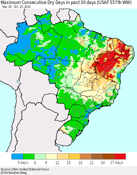 Brazil Maximum Consecutive Dry Days in past 30 days (USAF 557th WW) 10/25/2022 Thematic Map For 10/21/2022 - 10/25/2022