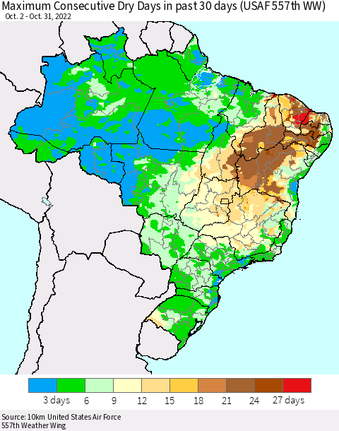 Brazil Maximum Consecutive Dry Days in past 30 days (USAF 557th WW) 10/31/2022 Thematic Map For 10/26/2022 - 10/31/2022