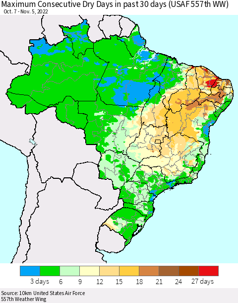 Brazil Maximum Consecutive Dry Days in past 30 days (USAF 557th WW) 11/05/2022 Thematic Map For 11/1/2022 - 11/5/2022