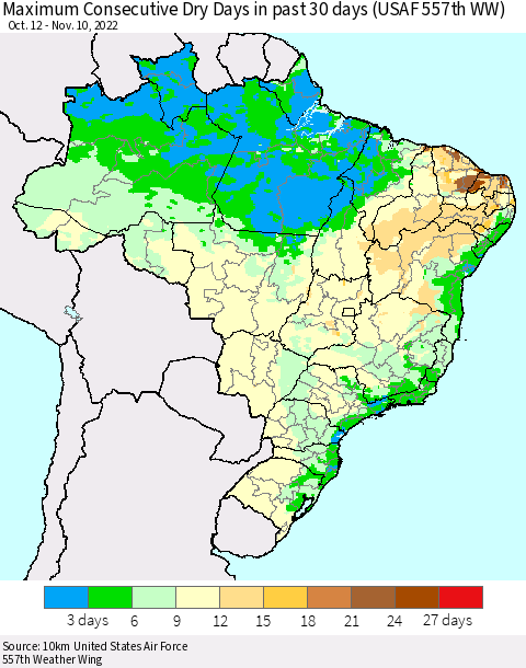 Brazil Maximum Consecutive Dry Days in past 30 days (USAF 557th WW) 11/10/2022 Thematic Map For 11/6/2022 - 11/10/2022