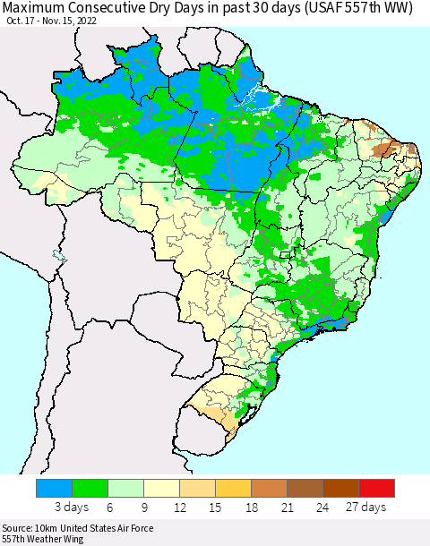 Brazil Maximum Consecutive Dry Days in past 30 days (USAF 557th WW) 11/15/2022 Thematic Map For 11/11/2022 - 11/15/2022