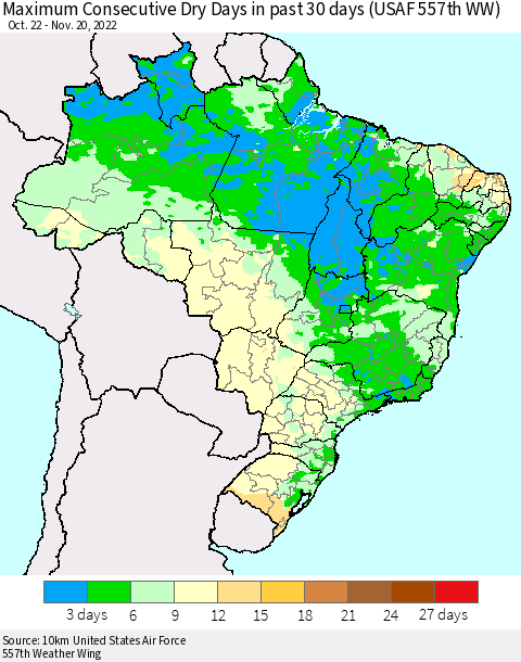 Brazil Maximum Consecutive Dry Days in past 30 days (USAF 557th WW) 11/20/2022 Thematic Map For 11/16/2022 - 11/20/2022