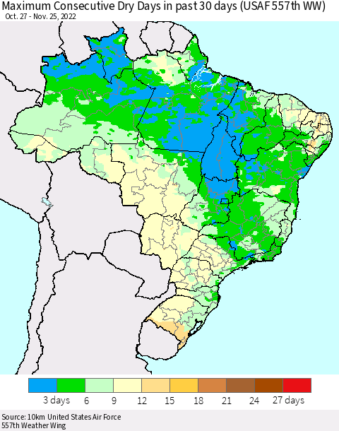 Brazil Maximum Consecutive Dry Days in past 30 days (USAF 557th WW) 11/25/2022 Thematic Map For 11/21/2022 - 11/25/2022