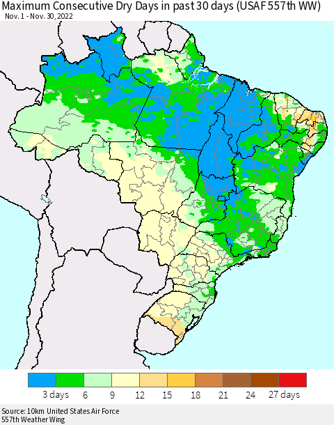 Brazil Maximum Consecutive Dry Days in past 30 days (USAF 557th WW) 11/30/2022 Thematic Map For 11/26/2022 - 11/30/2022