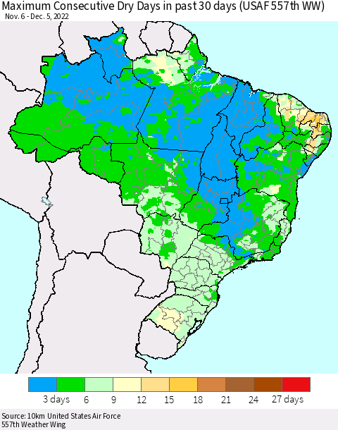 Brazil Maximum Consecutive Dry Days in past 30 days (USAF 557th WW) 12/05/2022 Thematic Map For 12/1/2022 - 12/5/2022