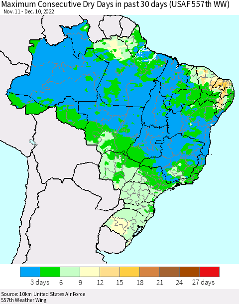 Brazil Maximum Consecutive Dry Days in past 30 days (USAF 557th WW) 12/10/2022 Thematic Map For 12/6/2022 - 12/10/2022