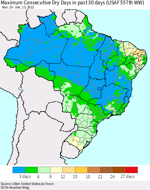 Brazil Maximum Consecutive Dry Days in past 30 days (USAF 557th WW) 12/15/2022 Thematic Map For 12/11/2022 - 12/15/2022