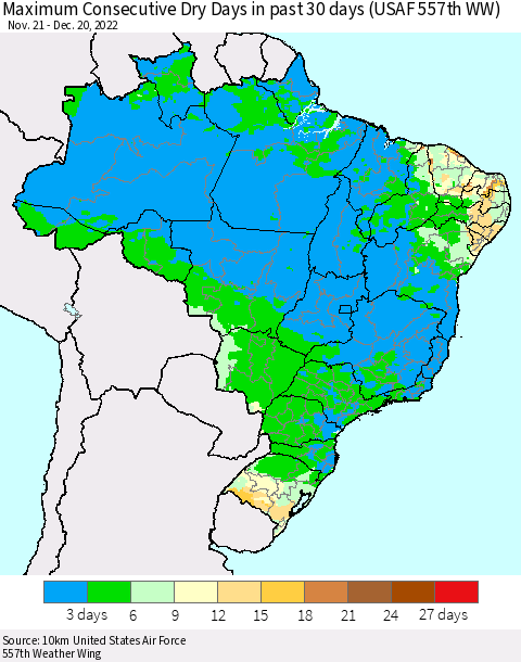 Brazil Maximum Consecutive Dry Days in past 30 days (USAF 557th WW) 12/20/2022 Thematic Map For 12/16/2022 - 12/20/2022