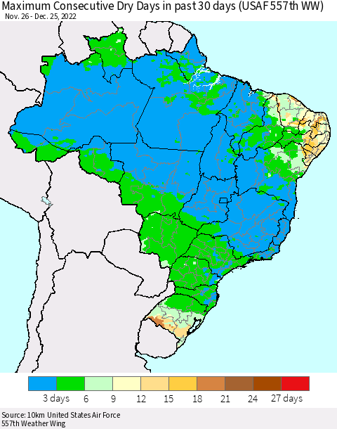 Brazil Maximum Consecutive Dry Days in past 30 days (USAF 557th WW) 12/25/2022 Thematic Map For 12/21/2022 - 12/25/2022