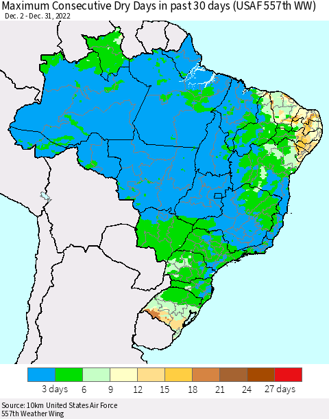 Brazil Maximum Consecutive Dry Days in past 30 days (USAF 557th WW) 12/31/2022 Thematic Map For 12/26/2022 - 12/31/2022