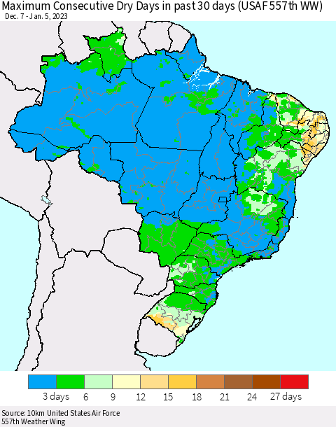 Brazil Maximum Consecutive Dry Days in past 30 days (USAF 557th WW) 01/05/2023 Thematic Map For 1/1/2023 - 1/5/2023