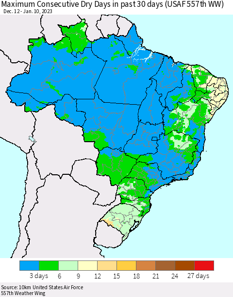 Brazil Maximum Consecutive Dry Days in past 30 days (USAF 557th WW) 01/10/2023 Thematic Map For 1/6/2023 - 1/10/2023
