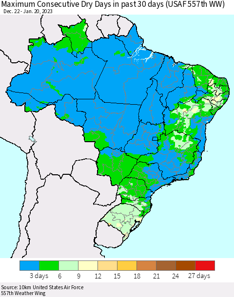 Brazil Maximum Consecutive Dry Days in past 30 days (USAF 557th WW) 01/20/2023 Thematic Map For 1/16/2023 - 1/20/2023