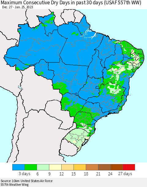 Brazil Maximum Consecutive Dry Days in past 30 days (USAF 557th WW) 01/25/2023 Thematic Map For 1/21/2023 - 1/25/2023