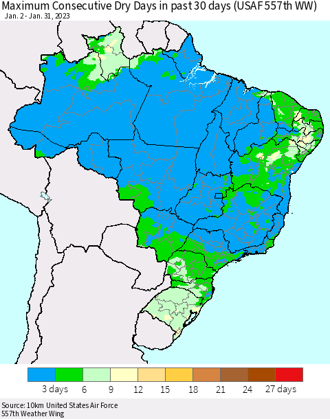 Brazil Maximum Consecutive Dry Days in past 30 days (USAF 557th WW) 01/31/2023 Thematic Map For 1/26/2023 - 1/31/2023