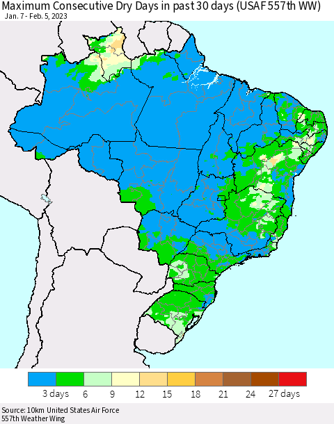 Brazil Maximum Consecutive Dry Days in past 30 days (USAF 557th WW) 02/05/2023 Thematic Map For 2/1/2023 - 2/5/2023